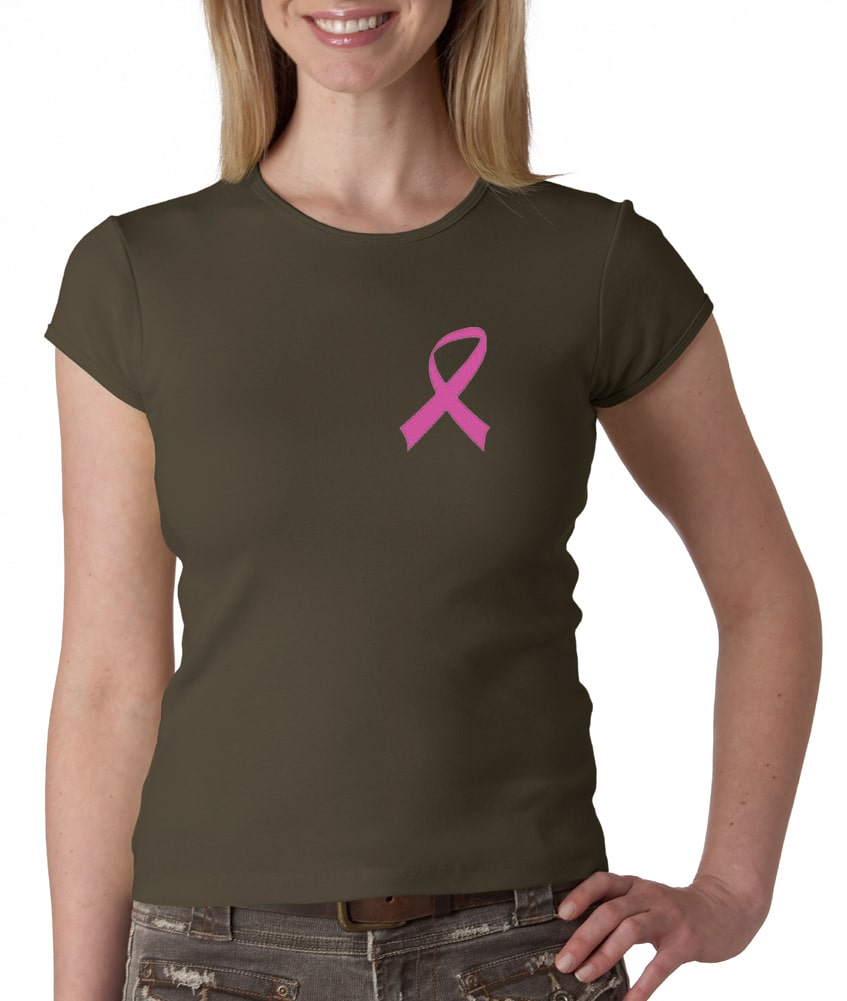 Breast Cancer Ladies Shirt Crewneck Pink Ribbon Pocket Print Olive ...